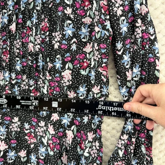 Nanette Lepore Shirt Dress Women 12 Black Floral Polka Dot Pleated Long Sleeve - Picture 6 of 9